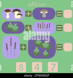 count the frogs and mushrooms in the picture and put the correct number Stock Vector