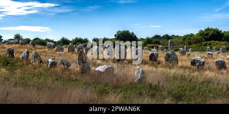 Ancient Stone Field Alignements De Menhir Carnac With Neolithic Megaliths In Brittany, France Stock Photo