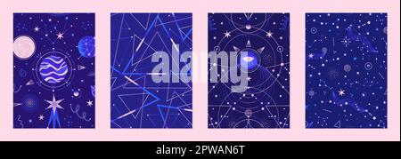 Set of vector illustrations of abstract celestial bodies. Constellations, stars, planets. Space universe. Esoteric cosmic designs for posters, notebook covers. Blue and golden colors Stock Vector