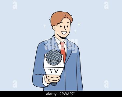 Male reporter stretch microphone to camera Stock Vector
