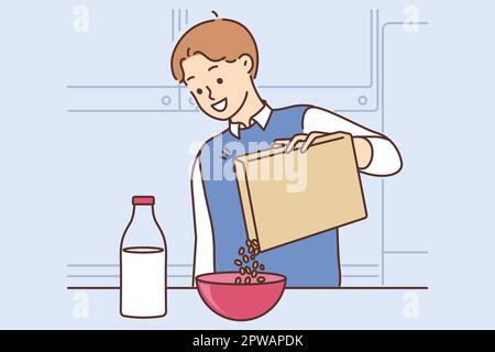 Smiling man eat cereal with milk for breakfast Stock Vector
