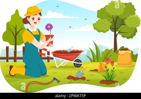Gardener Illustration with Garden Tools, Farming, Grows Vegetables in Botanical Summer Gardening Flat Cartoon Hand Drawn for Landing Page Templates Stock Vector