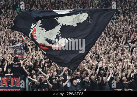 Rome, Italy. 29th Apr, 2023. Milan supporters during the Serie A football match between AS Roma and AC Milan at Olimpico stadium in Rome (Italy), April 29th, 2023. Credit: Insidefoto di andrea staccioli/Alamy Live News Stock Photo