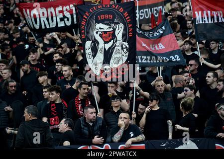 Rome, Italy. 29th Apr, 2023. Milan supporters during the Serie A football match between AS Roma and AC Milan at Olimpico stadium in Rome (Italy), April 29th, 2023. Credit: Insidefoto di andrea staccioli/Alamy Live News Stock Photo