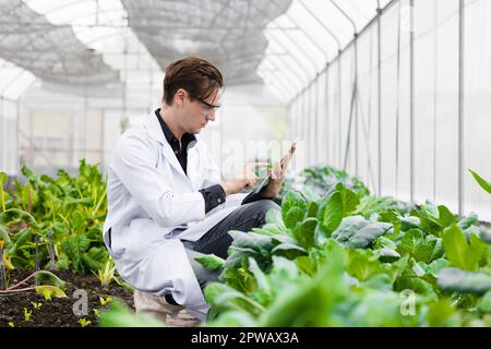 Agriculture scientist man working plant research in bio farm laboratory. Biologist study collecting data with laptop computer. Stock Photo