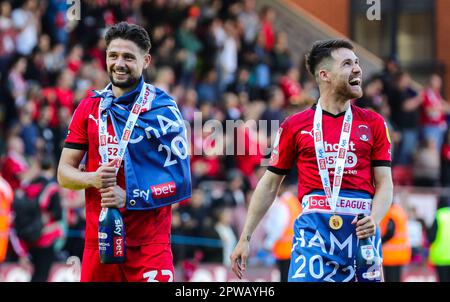 Leyton Orient's Rob Hunt (left) and and Paul Smyth celebrate their side being crowned champions after the Sky Bet League Two match at Brisbane Road, London. Picture date: Saturday April 29, 2023. Stock Photo