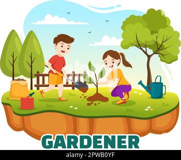 Gardener Illustration with Kids, Garden Tools, Farming, Grows Vegetables in Botanical Summer Gardening Cartoon Hand Drawn for Landing Page Templates Stock Vector
