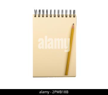 Sketchbook, blank page of spiral bound notepad and pencil isolated on white. Stock Photo