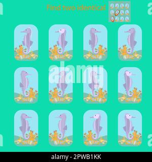 in the rebus for children under 6 years old seahorses, find two identical ones Stock Vector