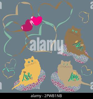 greeting card for a declaration of love with a picture of cute kittens on colorful rugs Stock Vector
