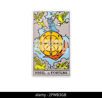 Lodz Poland April 15 2023 Wheel of Fortune, single major arcana of tarot card isolated on white background. Stock Photo