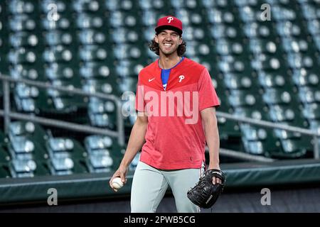 Philadelphia Phillies pitcher Aaron Nola smiles after talking with Houston  Astros third baseman Alex Bregman before a baseball game Saturday, April  29, 2023, in Houston. (AP Photo/David J. Phillip Stock Photo - Alamy