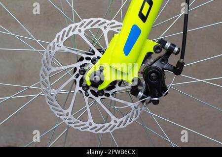 bicycle disk brake installed in front wheel Stock Photo