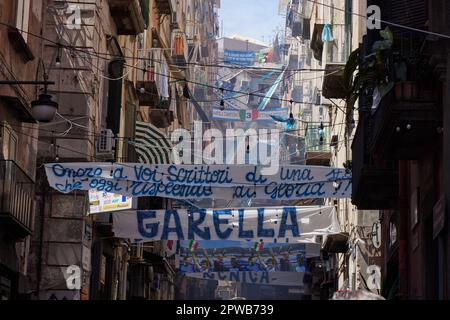 Naples, Italy. 29th Apr, 2023. The city of Naples is preparing with continuous decorations for the Scudetto celebrations of the SSC Napoli football team, which could win tomorrow the Italian Serie A Championship. Naples, April, the 29th, 2023. © Photo: Cinzia Camela. Credit: Live Media Publishing Group/Alamy Live News Stock Photo