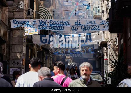 Naples, Italy. 29th Apr, 2023. The city of Naples is preparing with continuous decorations for the Scudetto celebrations of the SSC Napoli football team, which could win tomorrow the Italian Serie A Championship. Naples, April, the 29th, 2023. © Photo: Cinzia Camela. Credit: Independent Photo Agency/Alamy Live News Stock Photo