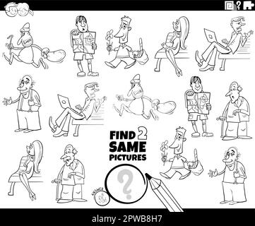 find two same cartoon persons game coloring page Stock Vector