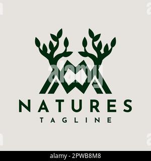 Nature letter M W MW WM logo design vector. Green tree initial MW logo template. Stock Vector
