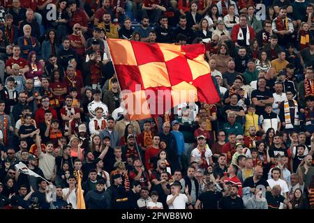 Rome, Italy. 29th Apr, 2023. Roma fans follow the game during the Serie A football match between Roma and AC Milan at Rome's Olympic stadium, Rome, Italy, April 29, 2023. Credit: Riccardo De Luca - Update Images/Alamy Live News Stock Photo