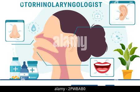 Otorhinolaryngologist Illustration with Medical Relating to the Ear, Nose and Throat in Healthcare Flat Cartoon Hand Drawn Landing Page Templates Stock Vector