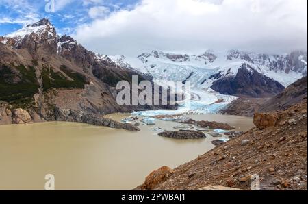 Maestri Overlook Observation Point View Scenic Laguna Torre, Glacier Grande Patagonia Mountains Landscape. Los Glaciares National Park Hike El Chalten Stock Photo