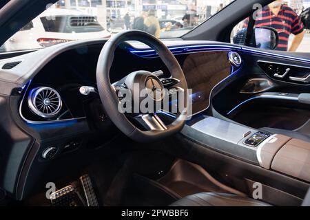 Belgrade, Serbia - March 22, 2023: Interior of electric car Mercedes-Benz EQS SUV at the International Car Show Stock Photo