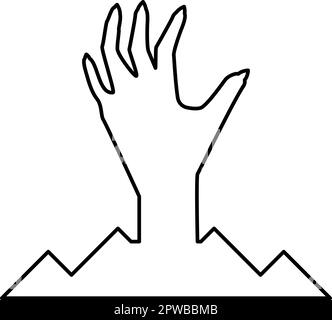 Scary human hand from ground silhouette dead man's Halloween decorative element zombie concept spooky clawed paw sharp nails bony arm fingers man undead contour outline line icon black color vector illustration image thin flat style Stock Vector