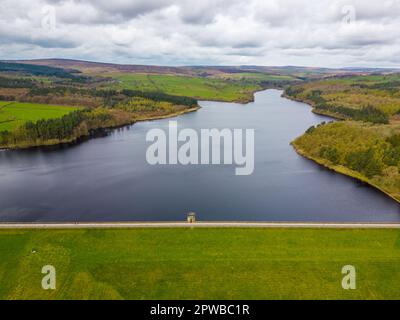 Aerial view of Fewston Reservoir dam feeding into Swinsty Reservoir in Yorkshire Stock Photo