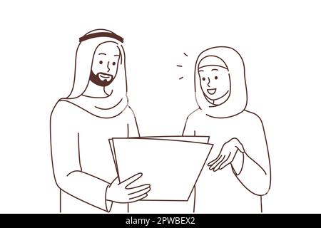 Smiling Arabic businesspeople discuss paperwork Stock Vector