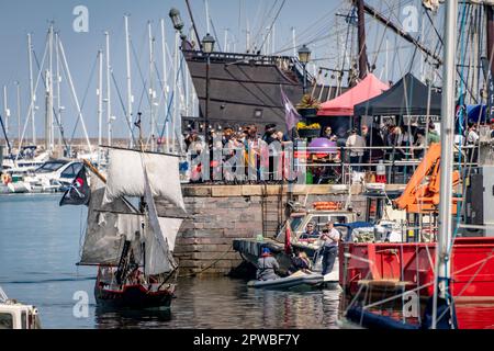 Brixham, UK. 29th Apr, 2023. Thousands of people, most dressed as pirates, enjoy the Brixham Pirate Festival on the Devon coast. Credit: Thomas Faull/Alamy Live News Stock Photo