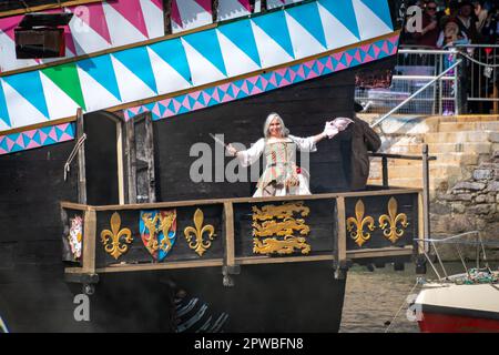 Brixham, UK. 29th Apr, 2023. Thousands of people, most dressed as pirates, enjoy the Brixham Pirate Festival on the Devon coast. Credit: Thomas Faull/Alamy Live News Stock Photo