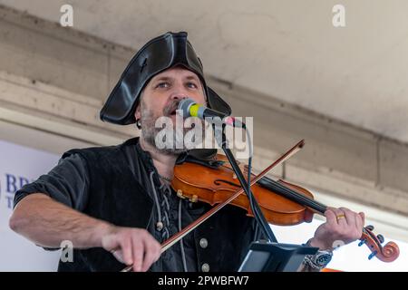 Brixham, UK. 29th Apr, 2023. Thousands of people, most dressed as pirates, enjoy the Brixham Pirate Festival on the Devon coast. Credit: Thomas Faull/Alamy Live News Stock Photo