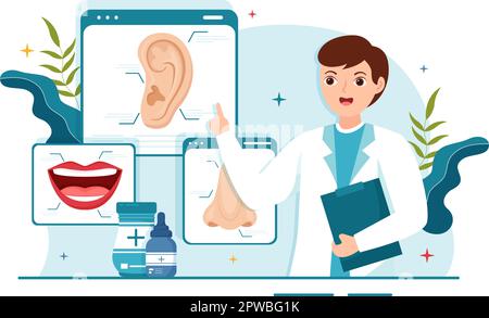 Otorhinolaryngologist Illustration with Medical Relating to the Ear, Nose and Throat in Healthcare Flat Cartoon Hand Drawn Landing Page Templates Stock Vector