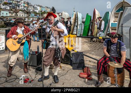 Brixham, UK. 29th Apr, 2023. Thousands of people, most dressed as pirates, enjoy the Brixham Pirate Festival on the Devon coast. Credit: Thomas Faull/Alamy Live News Stock Photo