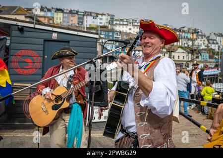 Brixham, UK. 29th Apr, 2023. Thousands of people, most dressed as pirates, enjoy the Brixham Pirate Festival on the Devon coast. Credit: Thomas Faull/Alamy Live News Stock Photo