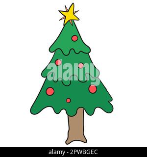Christmas tree is full of very large decorations. doodle icon image Stock Vector