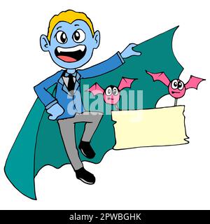 dracula and flying bats carrying blank banners. doodle icon image Stock Vector