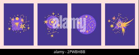 Set of vector illustrations of abstract celestial bodies. Constellations, stars, planets. Space universe. Esoteric cosmic designs for posters, notebook covers. Purple and yellow colors Stock Vector