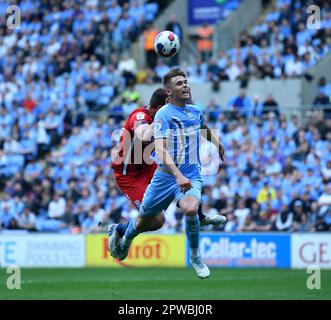 29th April 2023; Coventry Building Society Arena, Coventry, England; EFL Championship, Coventry City versus Birmingham City; Callum Doyle of Coventry beats Lukas Jutkiewicz to the ball in the air Credit: Action Plus Sports Images/Alamy Live News Stock Photo