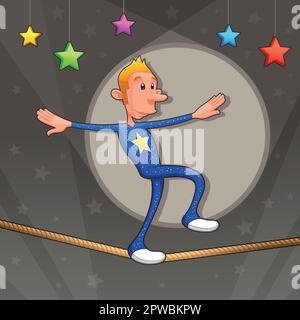 Funny equilibrist is walking on the tightrope. Cartoon and vector illustration. Stock Vector