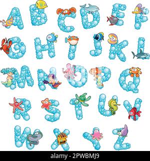 Alphabet with fish and bubbles. Funny cartoon and vector isolated letters. Stock Vector