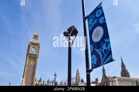 London, UK. 29th April 2023. Banners have been installed in Parliament Square ahead of the coronation of King Charles III, which takes place on May 6th. Credit: Vuk Valcic/Alamy Live News Stock Photo