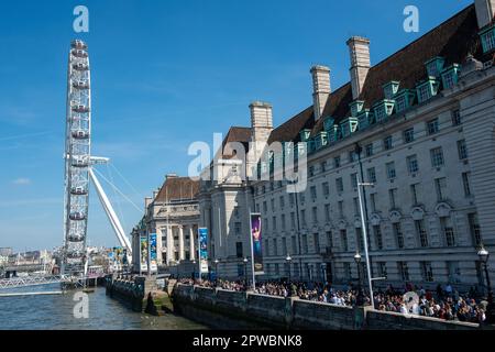 Westminster, London, UK. 29th April, 2023. Blue skies above the London Eye. It was a beautiful sunny day in Westminster, London today as temperatures hit more than 20C. London was booming with visitors and tourists enjoying the May Bank Holiday weekend sunshine. Credit: Maureen McLean/Alamy Live News Stock Photo