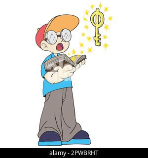 boy and magic key in a book. kawaii doodle image. doodle icon image Stock Vector