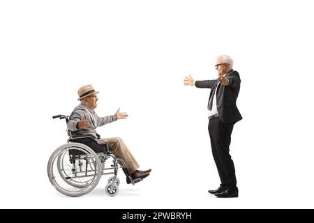 Mature businessman meeting an elderly man in a wheelchair isolated on white background Stock Photo