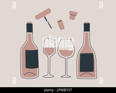 Two bottles of wine and two glasses and other accessories for wine - a corkscrew and corks. Vector isolated trendy illustration Stock Vector