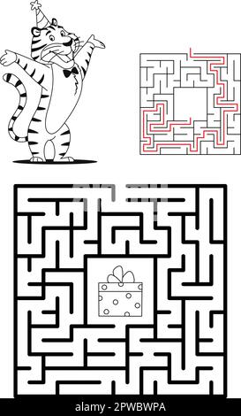 Maze game for kids with solution. Let's help tiger to find way to his present. Animal character puzzle learning coloring book page design template Lab Stock Vector