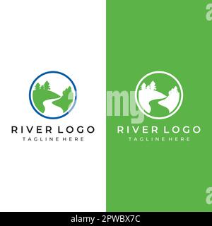 Logos of rivers, creeks, riverbanks and streams. River logo with combination of mountains and farmland with concept design vector illustration template. Stock Vector