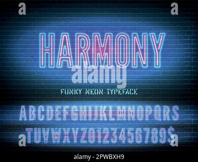 Blue pink neon typeface and vector Harmony night light sign on brick background Stock Vector