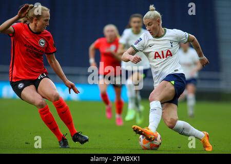 London, UK. 29th Apr, 2023. London, England, April 29 2023: Bethany England (19 Tottenham Hotspur) dribbles past Zoe Morse (21 Brighton & Hove Albion) during the FA Womens Super League game between Tottenham Hotspur and Brighton & Hove Albion in London, England. (Alexander Canillas/SPP) Credit: SPP Sport Press Photo. /Alamy Live News Stock Photo