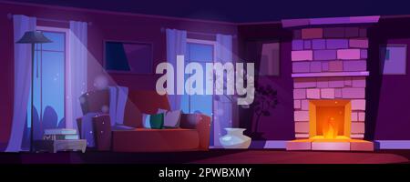 Night living room interior with fireplace and sofa in house cartoon illustration. Home modern design with magic moonlight sparkle from window. Mysteri Stock Vector